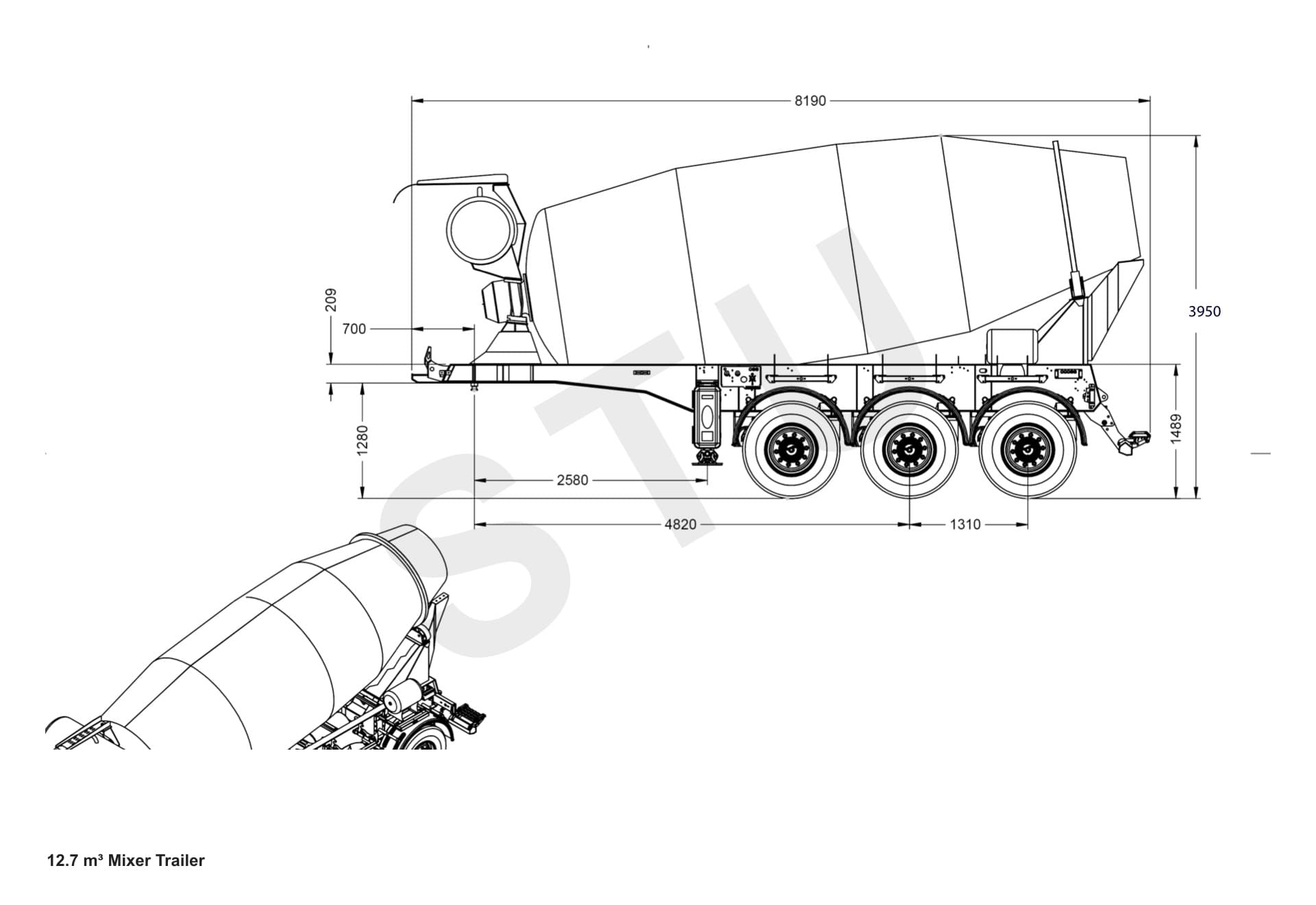 12.7 m³ Mixer Semi Trailer Dimensional Drawing