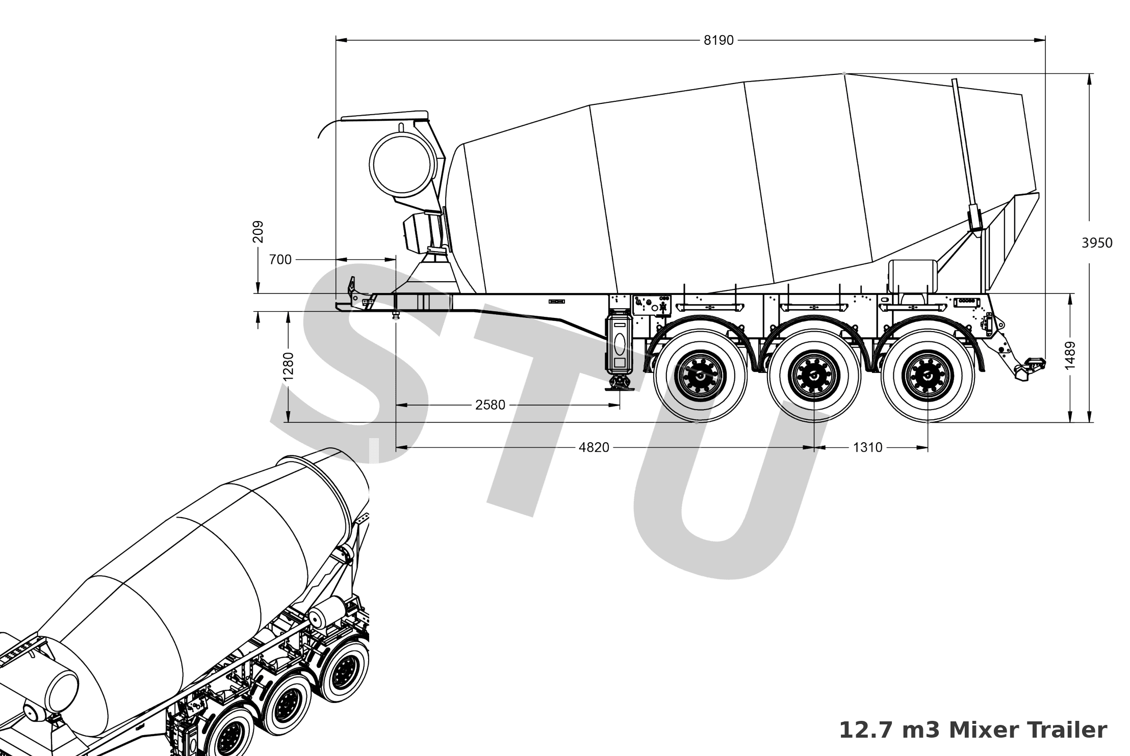 12.7 m³ Mixer Trailer Technical Drawing